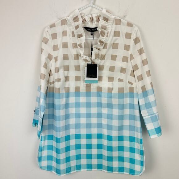 Ming Wang Gingham Ruffle Collar Top Blouse Relaxed Cotton Blue Popover XXS NWT - Picture 3 of 12